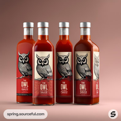 Four bottles with illustrated owl labels and metallic caps against a beige backdrop.