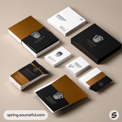 Assorted stationery in black, white, and gold with boxes, envelopes, and cards on a tan surface.