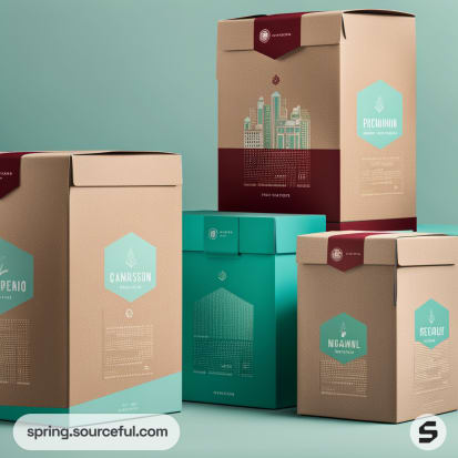 Stacked rectangular boxes in brown and teal shades with minimalistic skyline designs on the front.