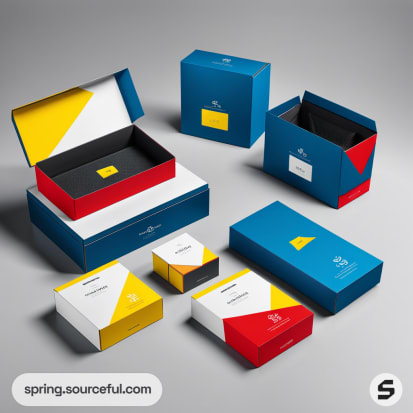 Colorful geometric design boxes with open lid and various closed packages on a gray background.