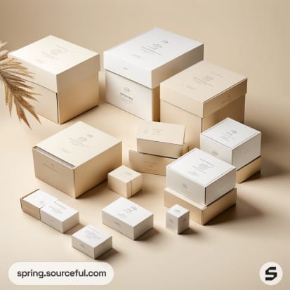 Beige and white stackable boxes with minimalist design on a neutral background.