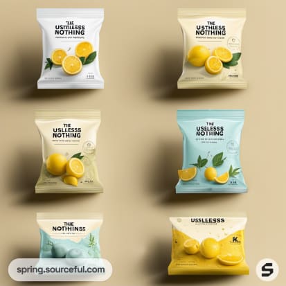 Assorted lemon-themed snack packets with lemon graphics.