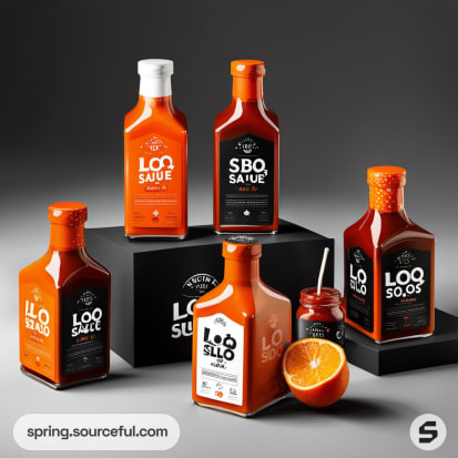 Assorted BBQ sauces on black boxes with citrus accent.