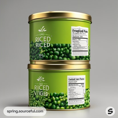 Stacked green tins with pea images and nutrition info