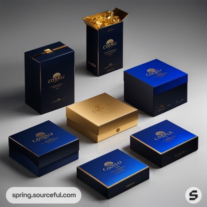 Gold and blue luxury boxes with elegant designs, some open with gold interiors.