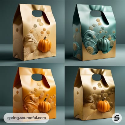 Collage of four pumpkin-themed gift bags in orange and teal with carved designs on a decorative background.