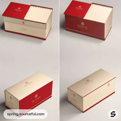 Multiple cream and red rectangular boxes with minimalistic design.