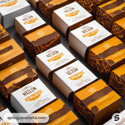 Brownie boxes with brown geometric patterns and orange accents