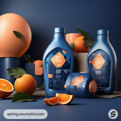 Blue bottles with cityscape design, surrounded by whole and sliced oranges on a blue background.