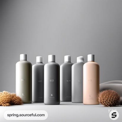 Six gradient shampoo bottles with subtle color variations and sponges on gray background.