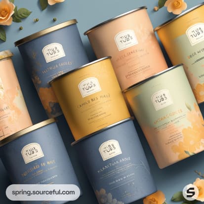 Various candle tins in blue, yellow, and peach with floral designs and labels.