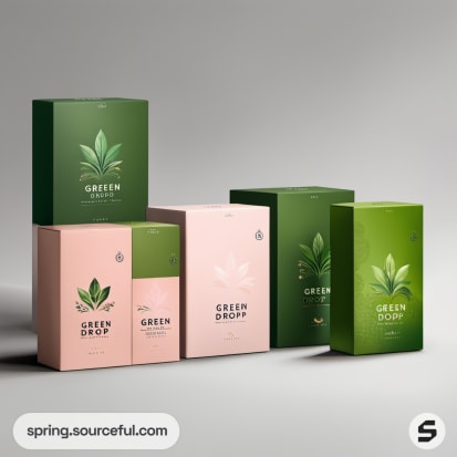 Assorted green and pink boxes of green tea with leaf illustrations.