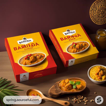 Two boxes of chicken curry, one red and yellow, with textured background.