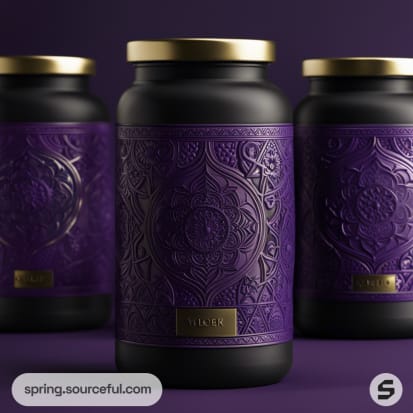 Three dark purple jars with ornate patterns and gold lids on a dark background.