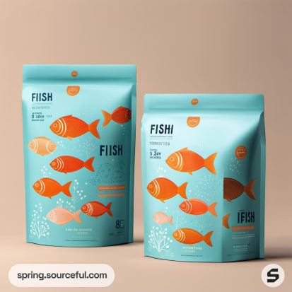 Teal resealable pouches with orange fish patterns on brown backdrop.