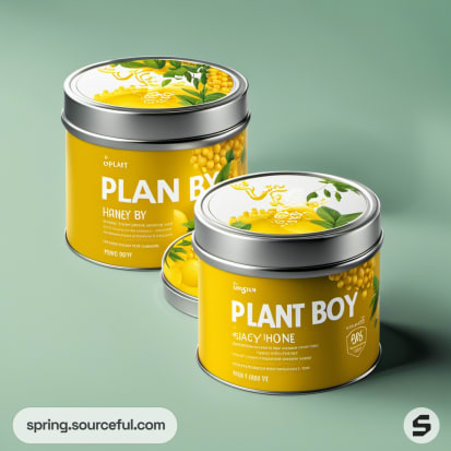 Circular tins with floral design, labeled 'Plant Boy Honey'.