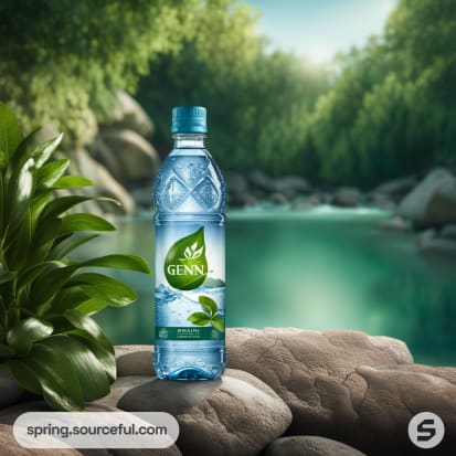 Clear water bottle with rocky stream backdrop.