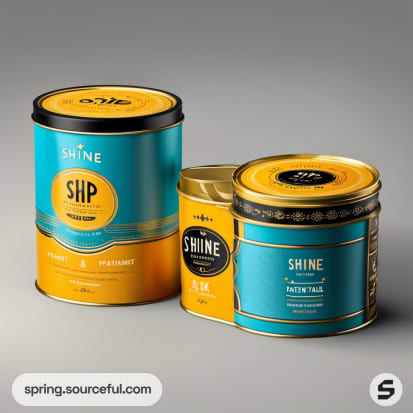 Two complementary tins labeled 'SHINE' in blue and yellow with vintage style designs and text.