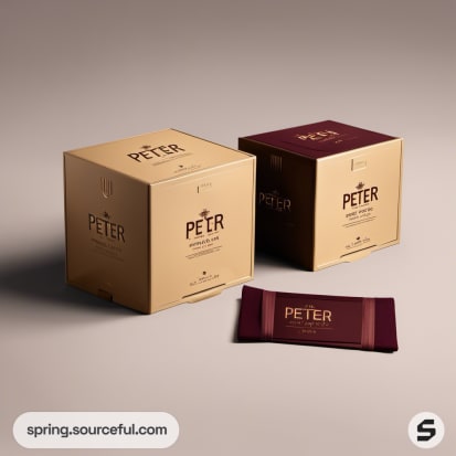 Premium cube boxes with a 'Peter' chocolate bar, gold and burgundy design.