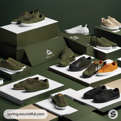 Assorted green sneakers on white boxes