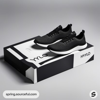 Black sneakers on geometric black and white shoe box.