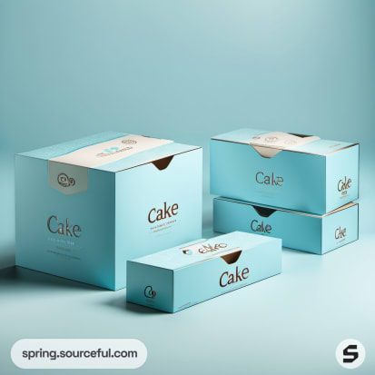 Variety of blue cake boxes with different sizes for packaging cakes.