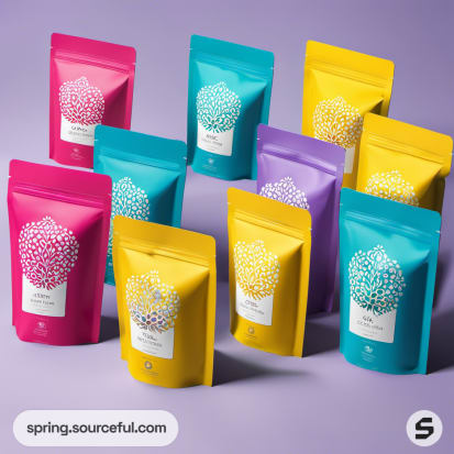 Brightly colored coffee pouches on a lavender background.