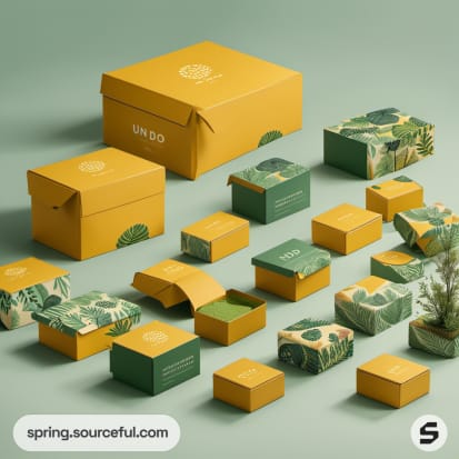 Stack of green and yellow boxes with leaf patterns on green background.