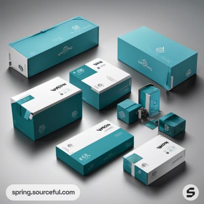 Teal and white mailer boxes with minimal design on gray background.