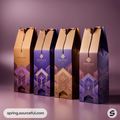 Four geometric wine boxes in purple and gold hues lined up.