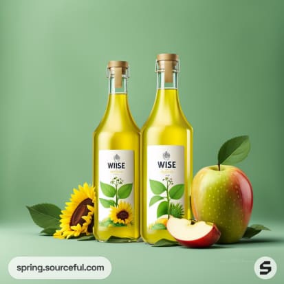 Two glass bottles with floral labels and an apple on a green background.