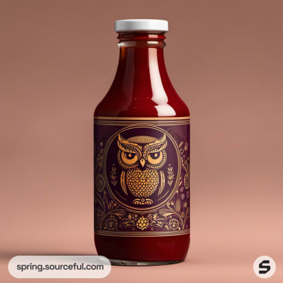 Bottle with intricate owl design on dark purple label.