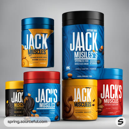 Assorted jars of muscle supplements in red, blue, and yellow with bold branding.