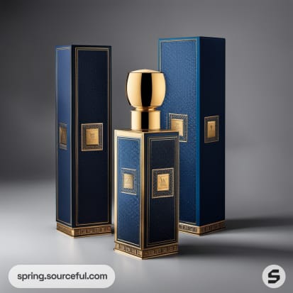 Blue and gold rectangular bottles in rich packaging design.