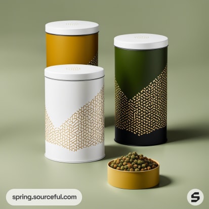 Three cylindrical tins in white, green, and gold with geometric patterns on a green background.