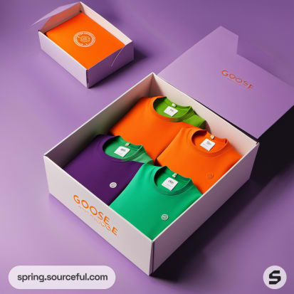 Box with four shirts in orange, green, purple on purple surface.