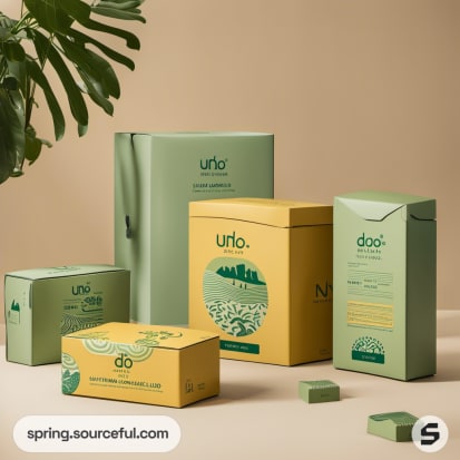 Assorted product boxes in green and beige with natural patterns.