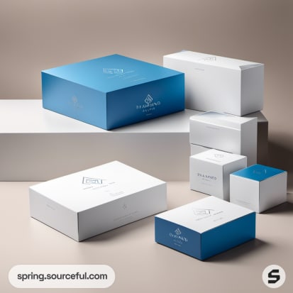 Collection of blue and white packaging boxes