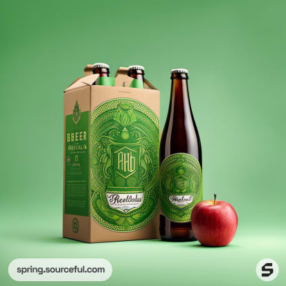 Brown glass bottle with green label and apple, next to a cardboard carrier.