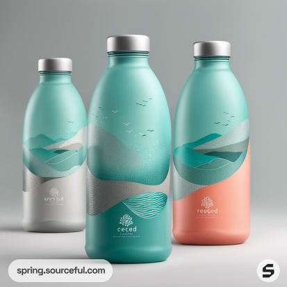 Three gradient-colored reusable bottles with metal caps featuring minimalistic landscape designs.