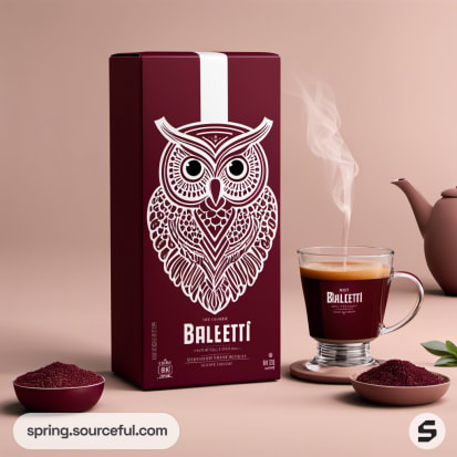 Tall burgundy box with owl design and glass cup.