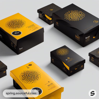 Patterned black and yellow meal packages on a gray surface.