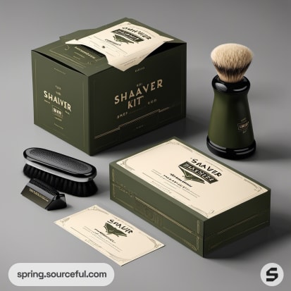 Shaver kit with accessories, green and cream boxes.