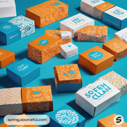 Various blue and orange mailer boxes with intricate patterns on a blue background.