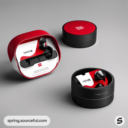 Round black and red earbud boxes with charging station.