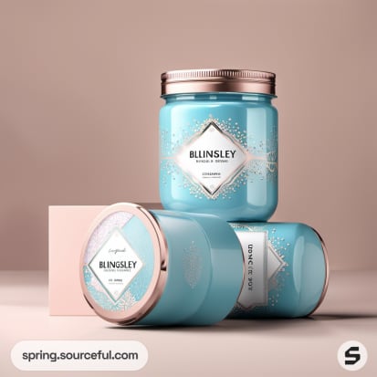 Blue jars with silver lids and geometric labels, staged on pastel backgrounds.