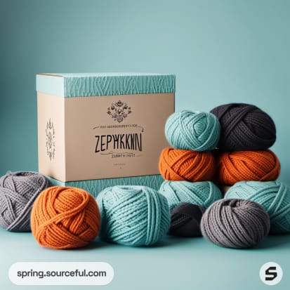 Colorful yarn balls in orange, teal, and gray with a decorative box.