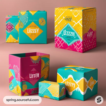 Colorful geometric-patterned boxes with teal, yellow, and pink designs.