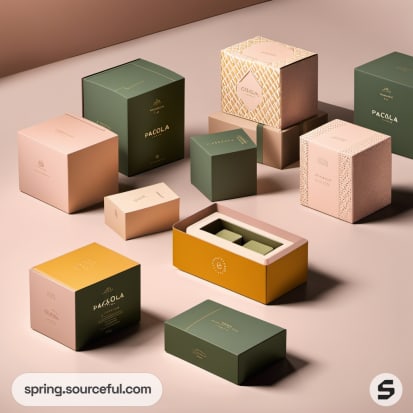 Stack of aesthetic boxes in pink, green, yellow shades.