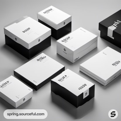 Collection of black and white rectangular boxes with minimalist design on a light gray surface.